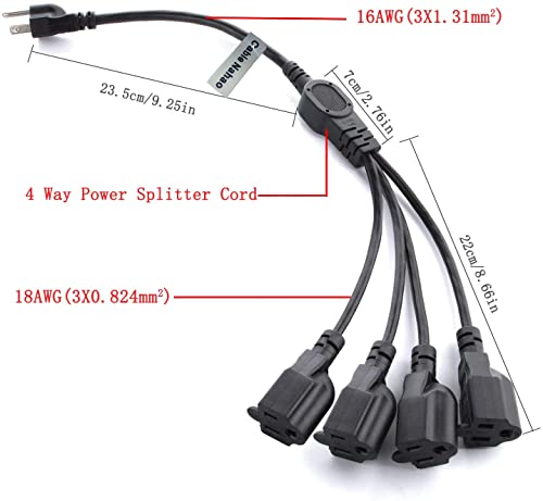 Cable Nahao 3 Prong 1 To 4 Outlet Power Cord Splitter Cord - Indoor Outdoor Cable Strip Outlet Saver - Power Extension Cable - Sjt 16Awg - Ul Approved For Computer, Led Stage Light(20 Inch, Black) #TOP2