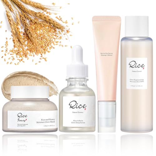 4-Step Korean Glass Skin Set – Rice & Honey Glow Mask, Arbutin Serum, Ginseng Eye Care, Hydrating Toner | Vegan, Anti-Oxidant Skincare Kit for Glowing Complexion, Korean Skincare Routine(4Pcs)