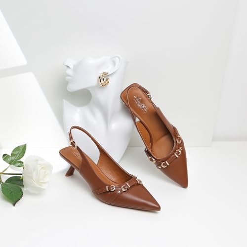 Image of Mostrin Kitten Heels for Women Pointed Toe Pumps Patent Leather Low Heel Slingback Heels with Buckle Dress Shoes for Dating Party Working