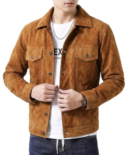 Image of Premium Brown Suede Trucker Leather Jacket Mens | Shirt Collar, Button Front, Chest Flap Pockets, Cuff Buttons, Waist Tab Adjusters, Polyester Lined, Inside Pocket