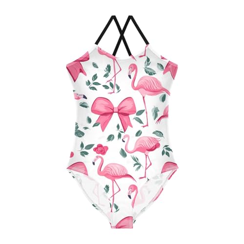 Beautiful Flamingo Girls One Piece Swimsuits Pink Bow Sport Halter Swimwear Beach Bathing Suit 3T