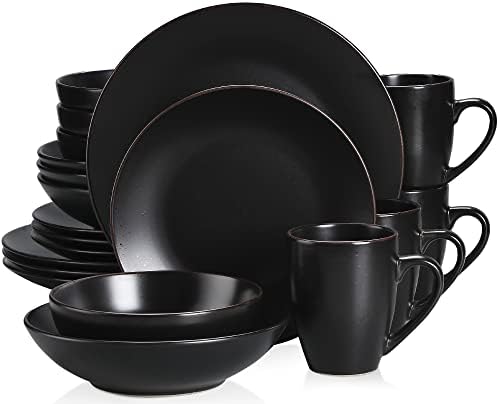 vancasso Series Moda, Matte Dinner Set Black Dinner Service, 16-Piece Ceramic Dinnerware Tableware Stoneware Crockery with 11in Dinner Plate, 8in Dessert Plate, 7in Bowl and 14oz Mug