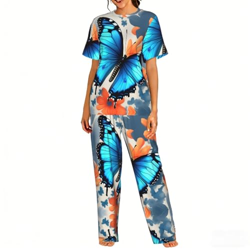 Pyjama papillon bleu pour femme : ensemble deux pièces doux