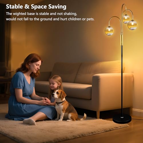 Image of Lightdot 70IN Dimmable Floor Lamp for Living Room, 3 Light LED Tree Floor Lamps with Glass Globe Shade& Bulb Included, Mid Century Standing Tall Lamp with 5Lbs Heavy Base for Bedroom-Black&Gold