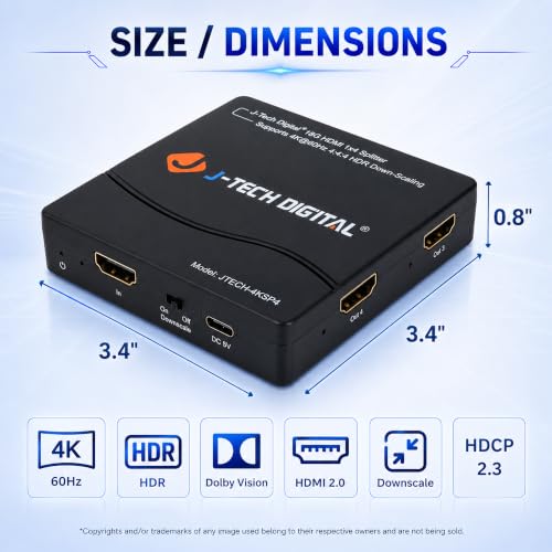 Image of HDMI Splitter 4K 60Hz 1X4 Multi-Resolution Output (MRO) by J-Tech Digital HDMI 2.0 Splitter Supports downscale HDR HDR10 / Dolby Vision 4K@60Hz 4:4:4 HDCP2.3 2.2 (JTECH-4KSP4)