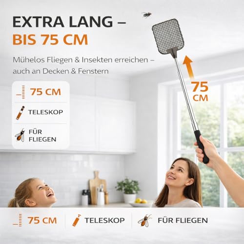 2er Set XXL 75 cm Insektenklatsche Fliegenklatsche ausziehbar Teleskop Klatsche Fliegenfänger Insektenfänger Fliegenschutz vor Insekten, Fliegen, Mücken, Wespen
