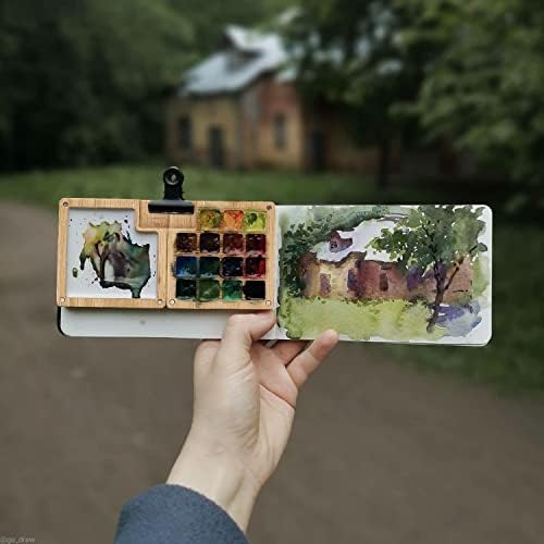 15 Color Portable Sketchbook Palette, Wooden Colour Palette Box, Watercolours / Poster Colours for Painting, Travel Paint Case, Tray, Gift for Painters, Mixing Tray, Come with a Clip (Without Colors)