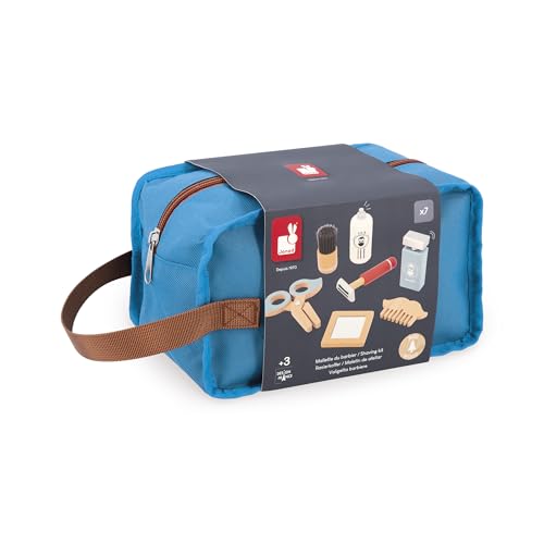 Janod - Barbierkoffer für Kinder - 7 Holz-Accessoires + Etui - Rollenspielzeug - Entwickelt die Fantasie - Holzspielzeug - Ab 3 Jahre, J06552