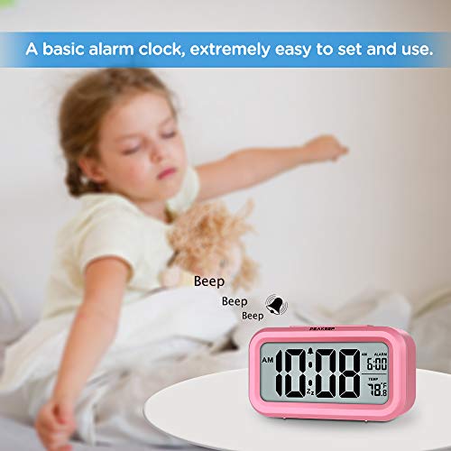 Image of Peakeep Night Light Digital Alarm Clock Battery Operated Indoor Temperature | Small Cordless Cute Clock for Bedroom Desk Travel, Simple to Use for Teens Kids (Pink)