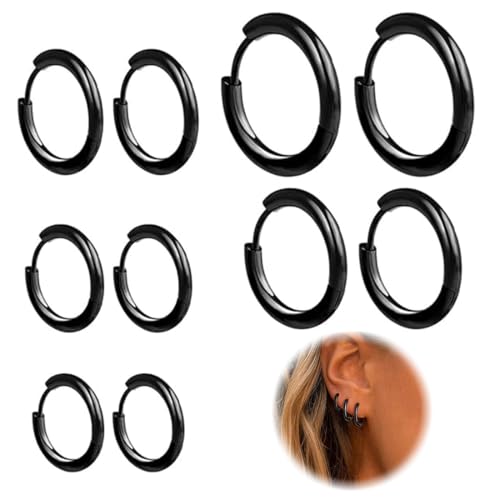 LAKJUOZ 5 Pares Pendientes Hombre Pendientes De Aro De Acero Inoxidable Anillos De Labios Nariz Pendientes De Aro Pequeños De Cartílago Para Hombre Y Mujer (10Mm,12Mm,14Mm,16Mm,18 Mm,Negro)