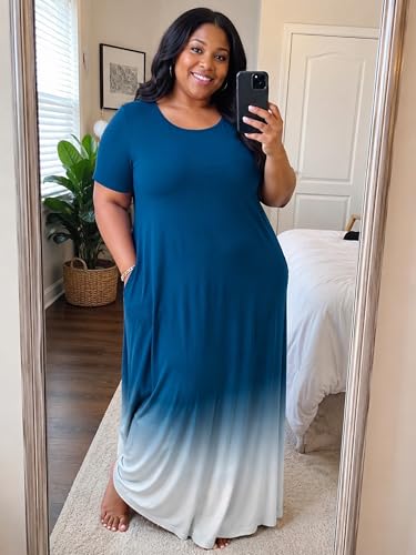 Image of PinkPatty Women's Plus Size Maxi Dresses Short Sleeve Sundress Summer T-Shirt Beach Long Dress with Pockets