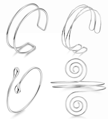 4PCS Upper Arm Cuff Bracelets for Women Gold Silver Cuff Bangle Bracelet Adjustable Upper Arm Bands Armband Set Simple Open Armlet
