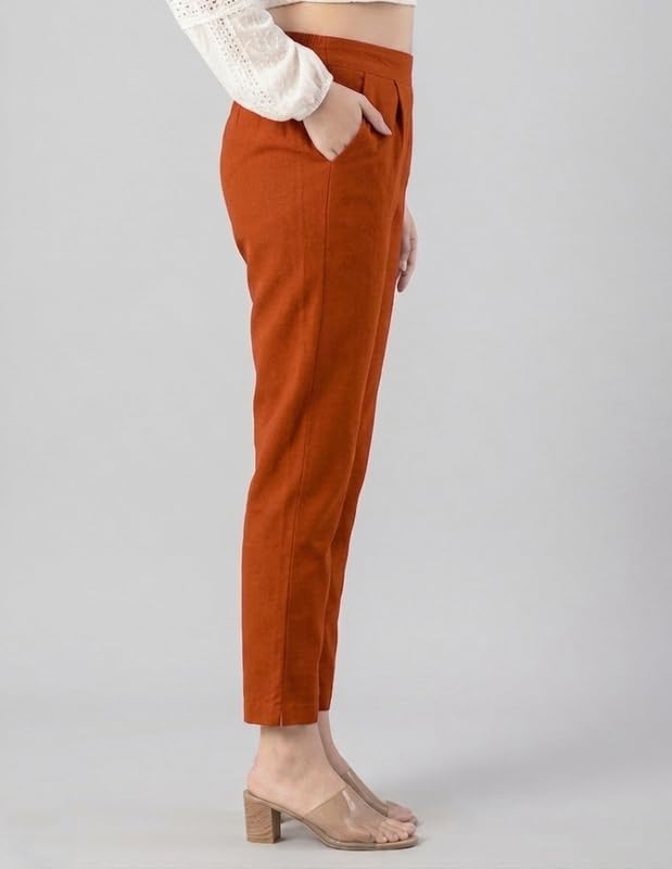 Image of Solid Cotton Woman Trousers Pants Regular Fit Kurti Pant with Drawstring Daily Office Formal Casual Use