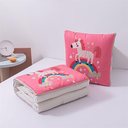 Surwin Reisedecke Kissen Decke 2 in 1, Gesteppt Steppdecke, Kinder- Cartoon-Tierdruck Verwandlungskissen mit Reißverschluss, Sofakissen Überwurfkissen Flugzeugdecke (100x150cm,Einhorn)