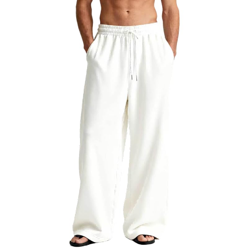 Quskc Mens Wide Leg Baggy Sweatpants Elastic Drawstring Waist Soft Stretch Fabric Deep Pockets Casual Lounge Joggers for Daily & Sports White