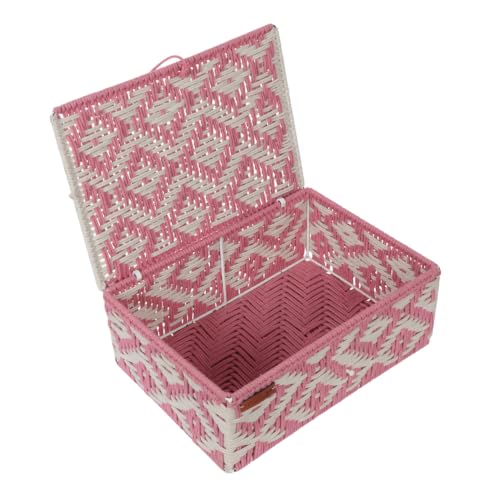 Image of Kaahira Handmade Decorative Storage Box and Organiser | Macrame Gift Hamper Box for Cosmetics, Toiletries & Return Gifts | Aesthetic Rope Woven Organizer (Pink and White, Large - 14x10x4)