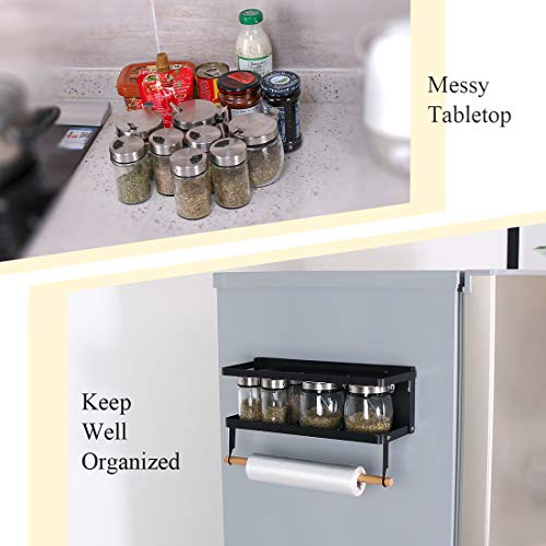 Haturi Fridge Spice Rack, Magnetic Shelf with Paper Towel Holder Single Tier Kitchen Refrigerator Storage Rack (Small,Black)