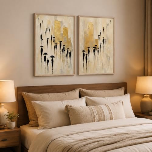 Image of Livin'luxe Set of 2 Umbrella People Abstract Wall Photo with Frame for Living Room Bedroom Study Office Decor, Premium Wooden Synthetic Frame Luxury Artwork Gift