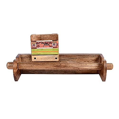Image of Aakriti Art Creations Madhubani Art Wooden Towel Holder | Handcrafted Matte Finish Natural Brown Wall Mounted Towel Holder for Bath & Wash Area