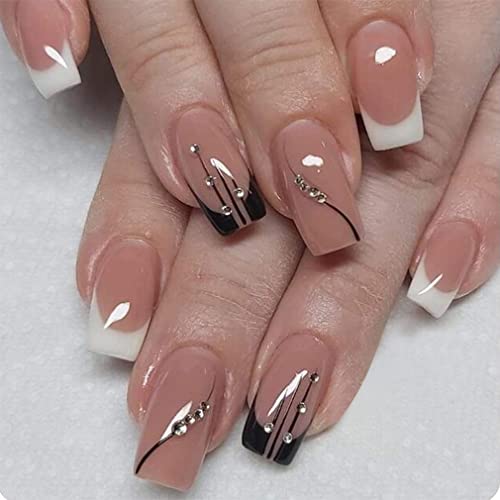 Sethexy Court Carré Faux ongles français Ballerine Strass faux ongles Brillant Coller sur les ongles 24 pièces Acrylique faux ongles à coller pour les femmes et les filles Cover