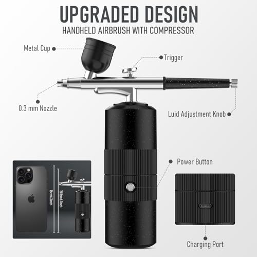 PHILORN Airbrush Kit with Compressor,Portable Wireless Air Brush for Barber, Nail Art, Cake Decor, Makeup, Model Painting (Black)
