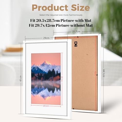 LUOJINYI Bilderrahmen A3(29,7x42cm) aus Holz, A3 Rahmen, Bilderrahmen DIN A3 mit Weiße Passepartout und Acrylglas, Posterrahmen mit Passepartout, für Wandmontage Vertikal Oder Horizontal(Weiß)