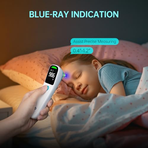 Femometer Family No-Touch Forehead Thermometer, 1s Accurate Reading and 3-Color Indicator, 2-in-1 Infrared Thermometer for Adults and Kids with Fever Alarm and Blue-ray Indication, White