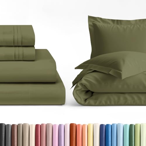 4 Piece Sage Green Twin Bed Sheet Set with Duvet Cover - 8 to 16 inch Deep Pockets - 1 Flat, 1 Fitted Sheet & 2 Pillowcases - Oeko-TEX - Ultra Soft and Wrinkle Free - Breathable Hotel Luxury