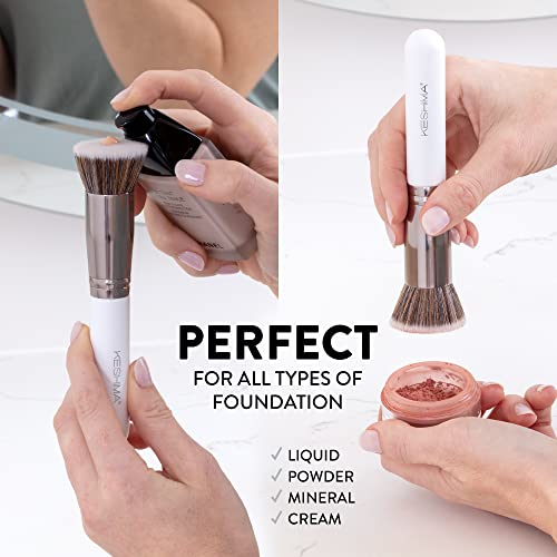 Foundation Brush Flat Top Kabuki By Keshima - Premium Foundation Brush For Liquid Makeup, Cream, And Powder - Buffing, Blending, And Face Brush (Regular Size, White) #TOP4