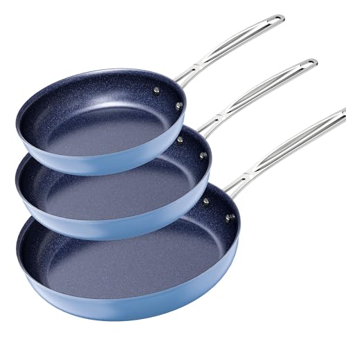 Image of Nuwave 3-Piece Fry Pan Set, 8”, 10”, 12” Forged Lightweight, G10 Healthy Duralon Blue Ceramic Ultra Non-Stick, Induction-Ready & Works on All Cooktops, Ergonomic Stay-Cool Handles