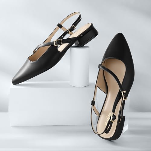 Ankis Slingback Flats for Women 1Inch Low Heels Closed Pointed Toe Ankle Strap Pumps Comfortable Walking Wedding Party Dress Shoes2