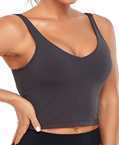 Image of Oalka Sports Bra Womens Longline Padded Crop Yoga Tank Tops | Built in Bras, Workout, Athletic, Fitness, Super Soft, Comfort, Cropped Top, Removable Pads, Heart Neckline For Women