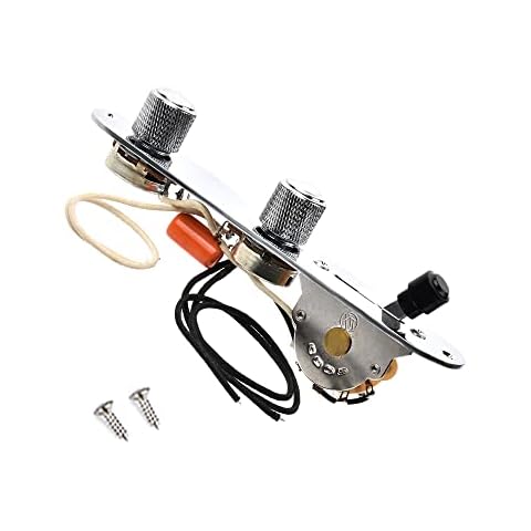 LAMSAM Fully Loaded Guitar Control Plate, Prewired 3-way Blade Switch Large Potentiometers Orange Drop Capacitor, Knurled Volume Tone Controls Knobs Fit for Telecaster Style Guitars, Chrome Cover