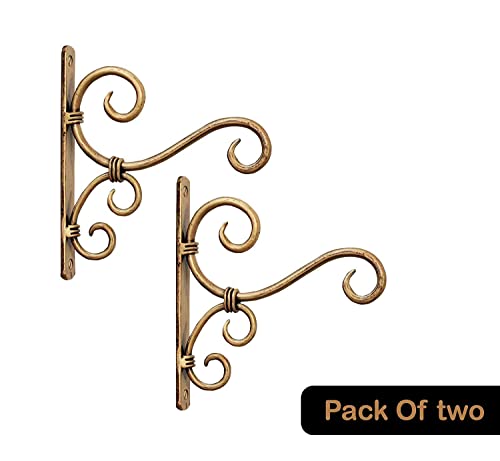 Image of Wall Hanging Brackets - Classic Pack of 2 Golden Metal Plant Hanger Hooks for Bird Feeders, Planters, Wind Chimes & Lights | Indoor & Outdoor Balcony Decor (6 x 1 x 7 in)