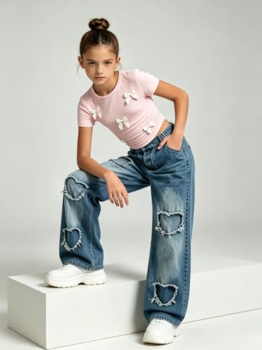 Image of Size 7-14 Years Girls 2 Piece Outfits Bow Short-Sleeved Top and Jeans Pants Clothing Set