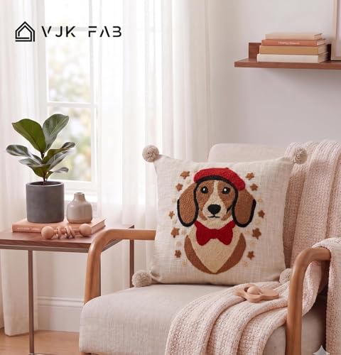 Image of Cotton Fabric Dog Embroidered Cushion Cover for Sofa Set /Diwan Beds 16 x 16 Inches or 40x40 cms Cushion Covers, Sofa Throw Pillow Cover only, Set of 1 Pc