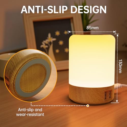 Bedside Table Lamp with 4 USB Charging Port, 3 Light Modes & 8 Colors, Brightness Adjustable Desk Lamp for Reading Working Sleeping, Touch Night Light Lamps for Bedrooms, Office - Wood Color
