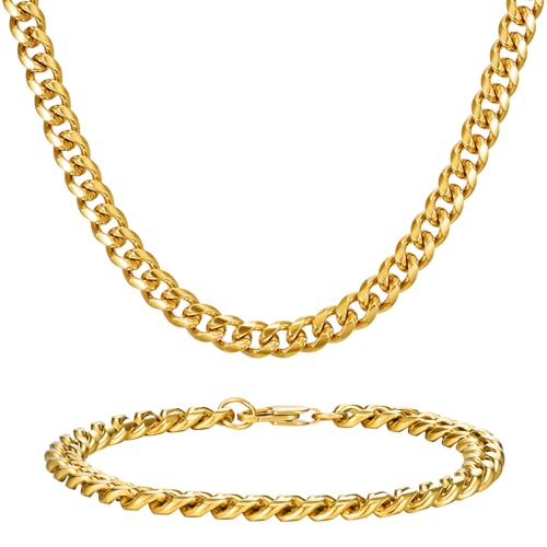 NORBU Stainless Steel Cuban Link Chain and Bracelet Set for Men, Chains 3.5mm/5mm/7mm Width, Bracelet 7 1/2