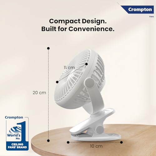 Image of Crompton Siro Rechargeable Clip Fan 100MM | Safety Grill Design | Replaceable Battery | Type-C Charging | 360 Adjustable Rotation | Personal Cooling Fan for Desk, Bedroom & Travel (White)