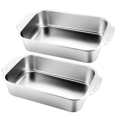 Funnymoom 2 moldes rectangulares de acero inoxidable para hornear para pasteles de pescado, pan, cacerolas, verduras, apto para lavavajillas (asa, 13 x 9 x 3.35 pulgadas)