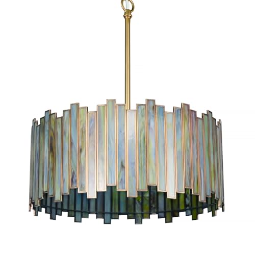Wrlmfy Drum Chandelier 4-Light Brass Gold Tiffany Pendant Lighting Fixture with Stained Gradient Green Glass Shade 16 Round Ceiling Hanging Lamp Kitchen Island Bedroom Dining Living Room