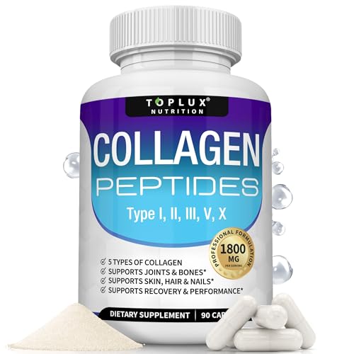 Toplux Multi Collagen Peptides Pills 1800 Mg Complex - Type I, II, III, V, X Premium Collagen...