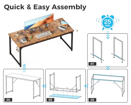 ODK 63 Inches Large Computer Desk for Home Office, Modern Desk for Small Spaces, Writing Desk with Headphone Hooks, Vintage
