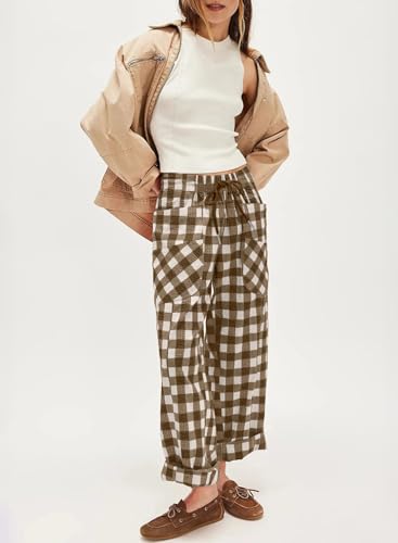 Acelitt Women Casual Loose Drawstring Elastic Waist Checkered Pants with Pockets, S-XXL2