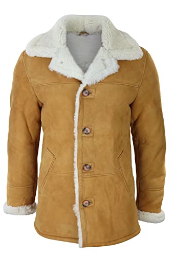 TruClothing Mens 3/4 Genuine Sheepskin Coat Classic Tan Brown Camel Jacket Cream Fur
