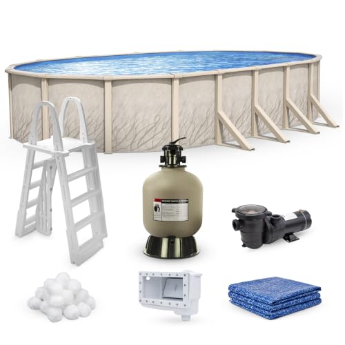 Lake Effect Pools 'Meadows Reprieve' 15 ft x 24 ft Oval Above Ground Swimming Pool Bundle | 52 Inch Steel Sided Walls | Kit Includes: 25 Gauge Liner, A-Frame Ladder, Sand Filter/Pump, & Skimmer