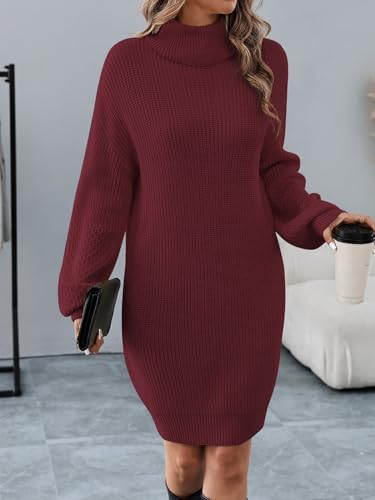 Image of Women's Turtleneck Textured Lantern Sleeve Ribbed Knit Mini Dress Pullover Oversized Sweater Dresses S-XL