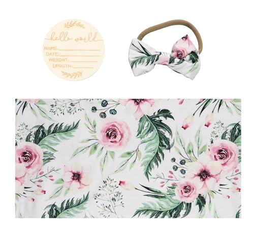 Image of Newborn Floral Print Blanket Baby Stretch Wrap Swaddle Receiving Blanket with Matching Headband and Name Card (Red and Green)