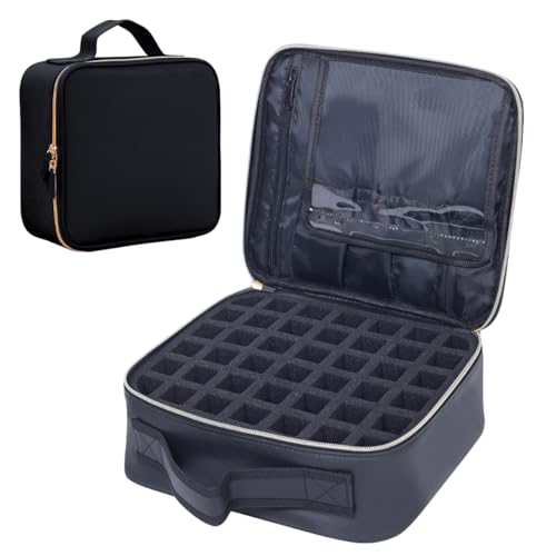 Nail Polish Organizer Case - PU Leather Portable Cosmetic Bag Hold 42 Bottles (15 ml/0.51 floz) with Removable Partition (Black)