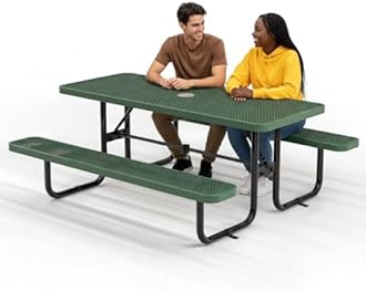 Commercial Heavy-Duty Metal Picnic Table - ADA Compliant, Adjustable Seats, Umbrella Hole, Expanded Metal (Green, 6' Rectangular)